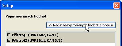 3. Okno: Názvy přístrojů a měřených hodnot Datový logger: C.M.I. nebo SD karta Pro všechny uvedené přístroje lze zadávat názvy přístrojů a názvy pro měřené hodnoty.