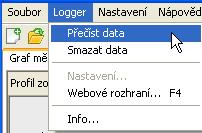 Přečíst datový logger V menu Logger \ přečíst data je spuštěno čtení dat z loggeru.