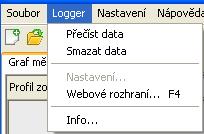 Přehled menu Menu Soubor Menu Logger Nový Otevřít Spravovat Setup Exportovat Tisknout Ukončit Přečíst data Smazat data Nastaven založení nového klienta otevření existujícího klienta přejmenování nebo