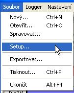 Setup dialog V menu Soubor \ Setup si vyberete datový logger, rozhraní, nastavíte konfiguraci loggeru a zadáte jméno přístroje a nahraných hodnot.