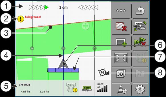 Pracovní obrazovka během práce Monitor Lightbar Upozornění na dosažení hranice pole Hranice pole Vodicí stopa Počítadlo a informace o stavu Šipka udávající polohu přijímače GPS Pracovní lišta Kompas