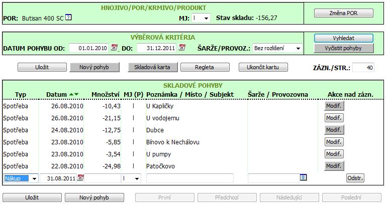 Kapitola č. 8 - Skladové karty 1 Stisknete tlačítko Nový pohyb. 2 - V řádku pohybu zvolíte nejprve typ pohybu a následně vyplníte další kolonky.