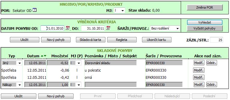 kritéria a zobrazit si tak pohyby jen za zvolené období nebo jen pro konkrétní šarži, v řádcích jednotlivých pohybů můžete použít tlačítko Modif.
