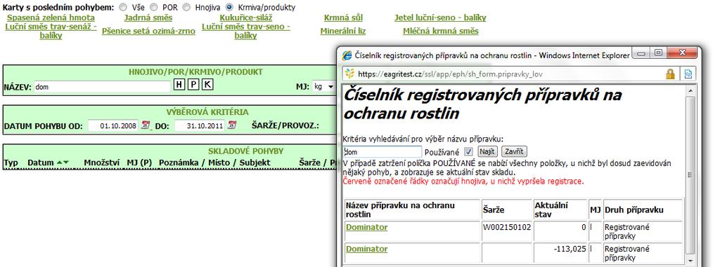 Kapitola č. 8 - Skladové karty 1) Správa karet Otevření konkrétní karty můžete provést z menu pro správu karet (hnojiv/por/krmiv), kde použijete zelený název karty.