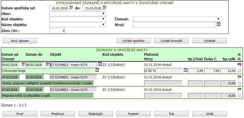 Kapitola č. 11 - Zelená nafta 11.3.3 Formulář evidence zelené nafty pro činnosti Živočišné výroby Tato funkcionalita je omezena pro roli EPH_FARMAR_READER.