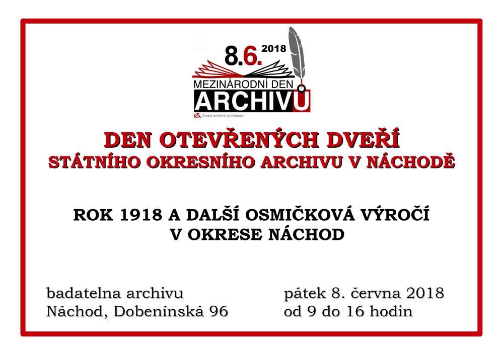 Státní okresní archiv Náchod zve na tradiční Den otevřených dveří, který se uskuteční v pátek 8. června 2018 v rámci Mezinárodního dne archivů.