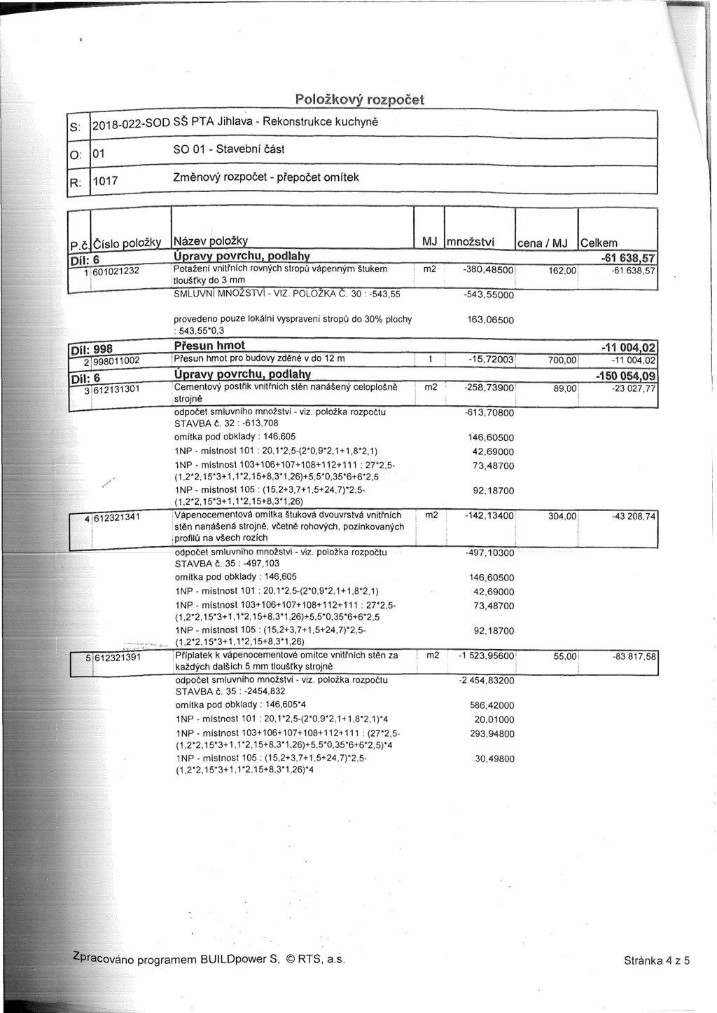 S: O: 01 Položkový rozpočet 2018-022-SOD SŠ PTA Jihlava - Rekonstrukce kuchyně SO 01 - Stavební část R: 1017 Změnový rozpočet - přepočet omítek k.