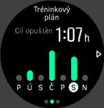 2. Po stisknutí prostředního tlačítka se zobrazí plánované tréninky na aktuální týden. 3. Stisknutím pravého spodního tlačítka zobrazíte podrobnosti o plánovaných trénincích.