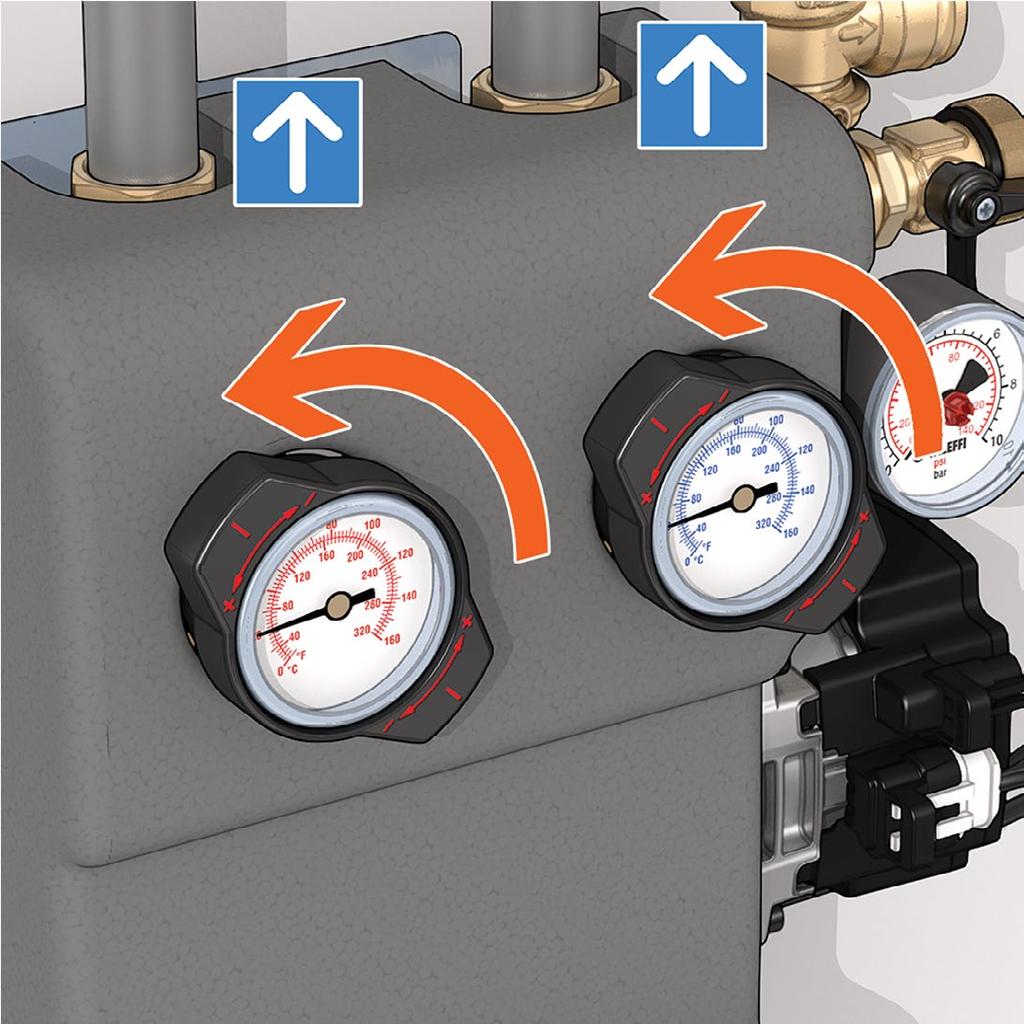 Otevřete uzavírací ventily se zpětnými klapkami, polohováním na (neodnímejte teploměry).