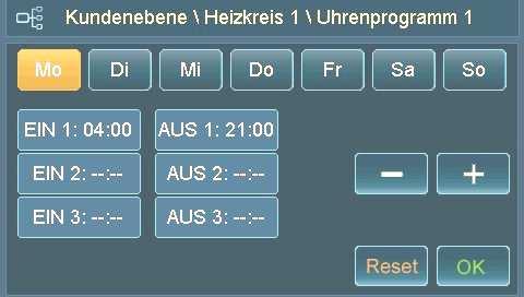 7.2 DOBA TOPENÍ PROGRAMOVAT TH-01 Pro každý topný okruh lze na každý den naprogramovat až tři časy sepnutí ZAP / VYP. Pomocí blokového programování lze všechny dny týdne naprogramovat současně.