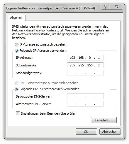 Nyní nakonfigurujte IP adresu a masku podsítě počítače, pomocí které konfiguraci provedete. Použijte k tomu: IP adresu: 192.168.0.xxx (1-254) Maska podsítě: 255.