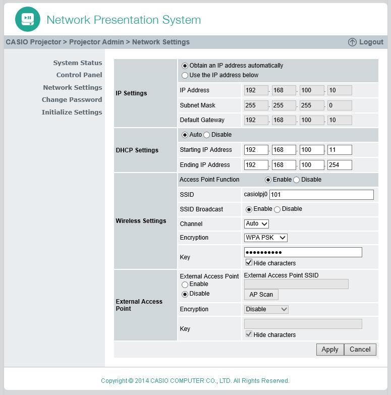 5. Na levém panelu klikněte na položku Network Settings. Poté se zobrazí stránka Network Settings. Vstup a požadované nastavení jsou zde označeny červeným rámečkem. Ostatní nastavení nemusíte měnit.