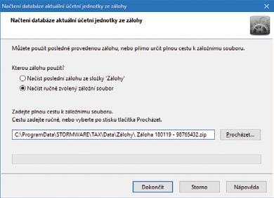 30 Příručka uživatele Daňová přiznání TAX přímo určit plnou cestu k záložnímu souboru.