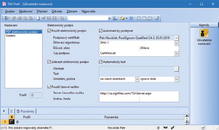 42 Příručka uživatele Daňová přiznání TAX 3 4 PDF elektronický podpis (pouze ve variantě Profi) V této sekci si každý uživatel programu může nastavit vlastní parametry elektronického podpisu PDF