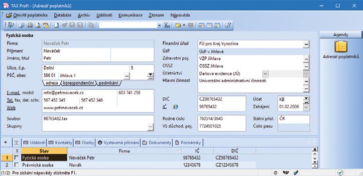 Daňová přiznání TAX Příručka uživatele 53 4 / 1 Adresář poplatníků (CTRL+A) V programu TAX je možné zpracovat daňová přiznání pro poplatníky, kteří vedou účetnictví v ekonomicko-informačním systému