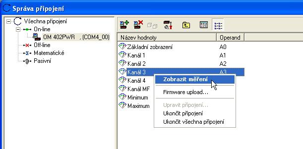 65 Nápověda k programu OM-Link Stejnou akci lze provést poklepáním na zástupce zvolené hodnoty. Funkce Zobrazit měření je dostupná též v kontextovém menu zástupce připojení.