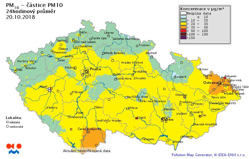 Obr. 6 Pole 24hodinové průměrné koncentrace PM 10, 18. 10. 2018 Obr.