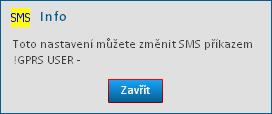 Kliknutím na symbol se zobrazí okno s nápovědou, s textem konfigurační SMSky viz obrázky. Spojení více příkazů do jedné SMS zprávy může vypadat např.