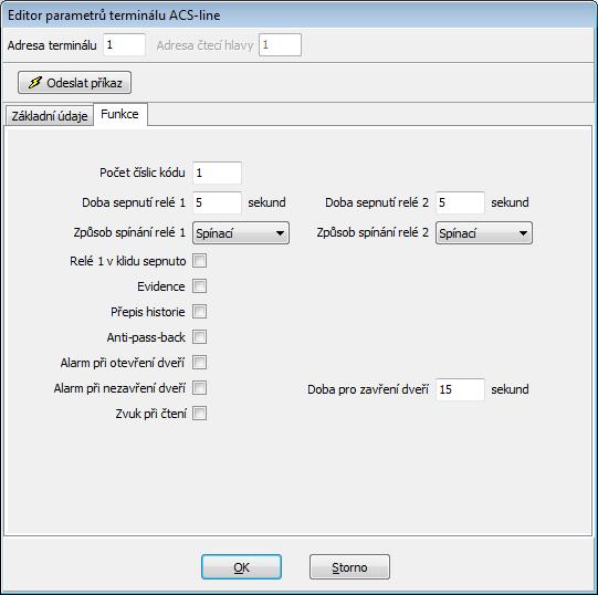 Další parametry terminálu V editaci parametru terminálu je záložka funkce, kde jsou další možnosti nastavení terminálu. Tyto funkce se projeví až po generování nastavení do terminálu.