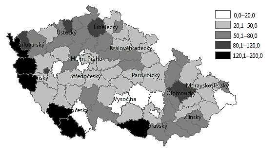Výroční zpráva o hazardním hraní v České republice v roce 2017 mapa 2-1: Regionální rozložení TH podle okresů, v přepočtu na 10 tis.