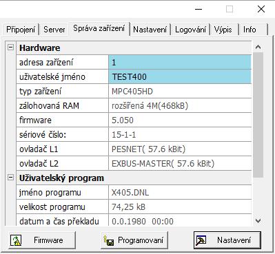Ukázka výběru zařízení ze seznamu detekovaných připojených USB zařízení MICROPEL: Nastavení PLC Nastavení takto připojeného automatu je také obdobné jako u řady MPC300: v kartě Správa zařízení jsou