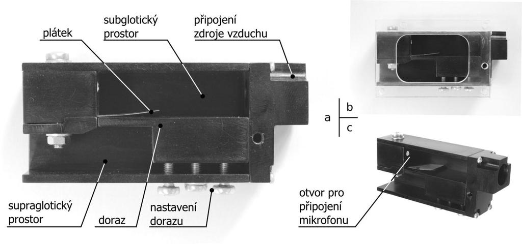 Připojení zdroje vzduchu je přes otvor ( ) v boční stěně modelu. Boční stěnu je rovněž možné odstranit a zdroj vzduchu napojit přímo na subglotickou kavitu ( ).