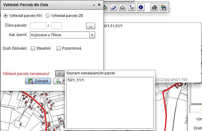 7 c) Použití tlačítka vyvolá okno se seznamem parcel, které nebyly nalezeny v datech 6.