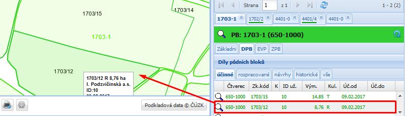 Po stisku tlačítka Vyhledat se v infopanelu zobrazí nalezený DPB.