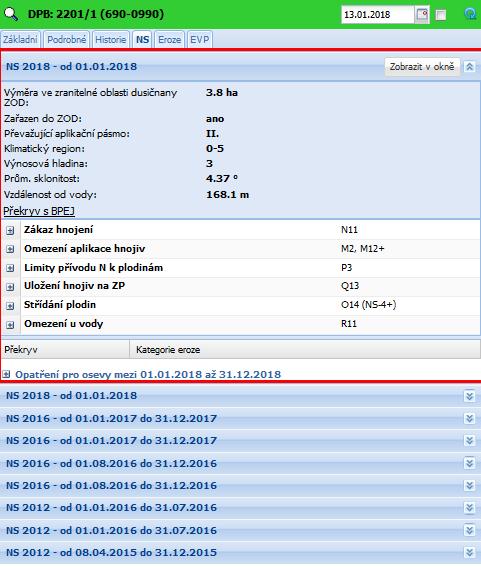 4.7.1.4 Záložka NS na DPB Zobrazuje informace o omezeních na DPB z titulu tzv. Nitrátové směrnice (dále též NS).