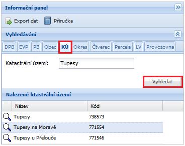 Po kliknutí na ikonku lupy na začátku řádku se mapa přiblíží na konkrétní katastrální území. Obrázek 48 Vyhledávání katastrálního území 4.7.