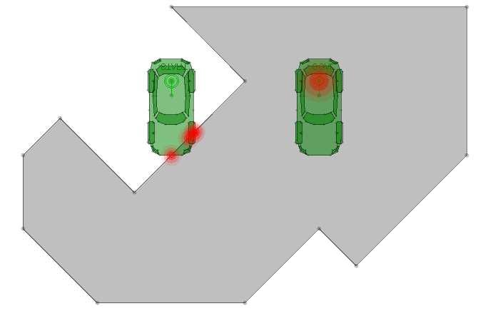 Obrázek 5.1: Detekce kolizí (průniky polygonů s překážkou vlevo, auto schované uvnitř překážky vpravo) jediná funkce vrátí kolizi, vrací i kořenová funkce kolizi.