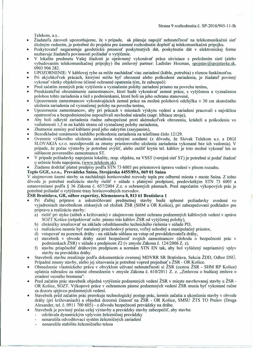 Strana 9 rozhodnutia Č. SP-2016/945-11-Ih Telekom, a.s.