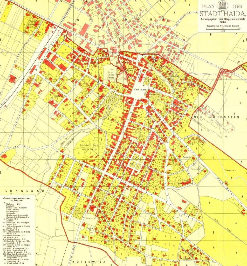 Mapa města Haida z roku 1930 (bez městyse Arnsdorf) - Bor u České Lípy autorem původního českého názvu města Bor byl František Palacký.