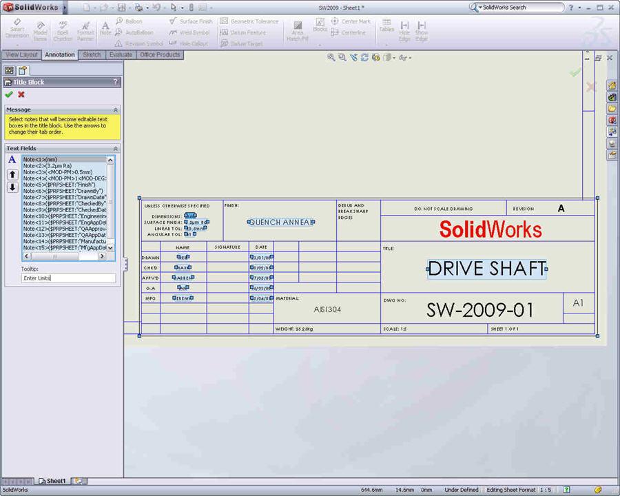 SolidWorks Standard Razítko Property Manager Razítko usnadňuje vytvoření a úpravu informací v razítku.