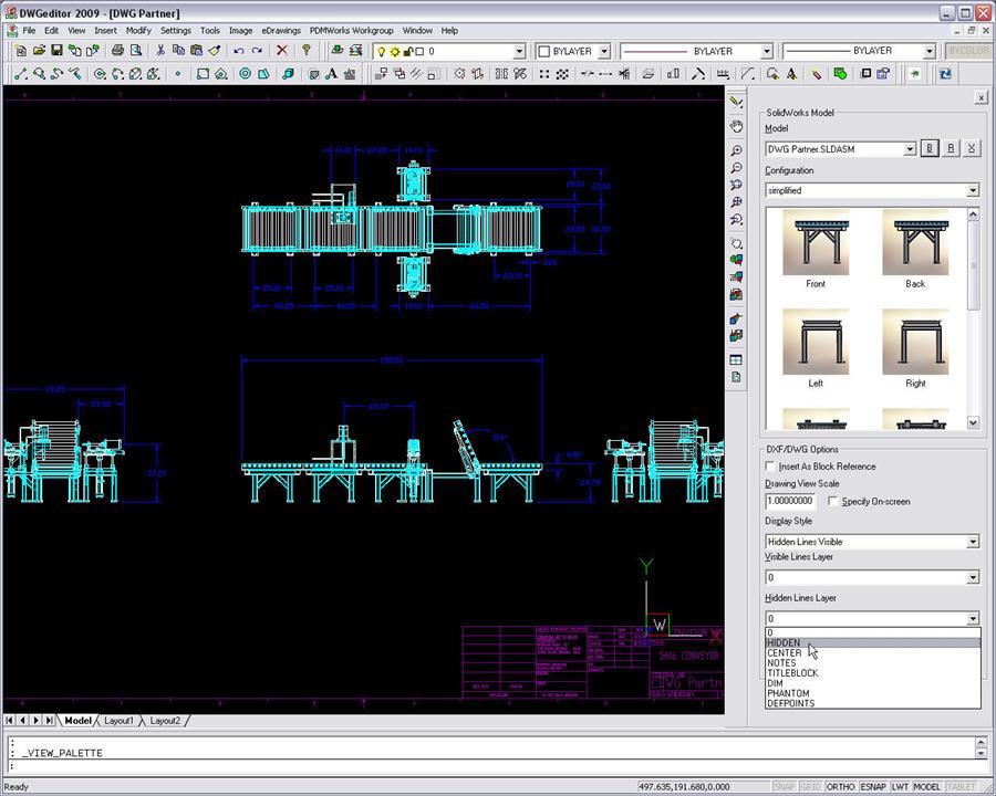 SolidWorks Standard DWGeditor SolidWorks 2D Paleta pohledů V systémech 2D CAD jako DWGeditor můžete použít Paletu pohledů pro vytvoření výkresů z dílů a sestav