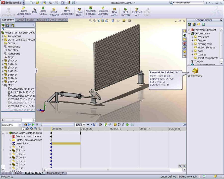 SolidWorks Standard Pohybové studie Knihovna návrhů pro prvky pohybu Můžete uložit prvky pohybu, jako jsou pružiny, motory nebo specifikace síly pro opakované použití v jiných modelech.