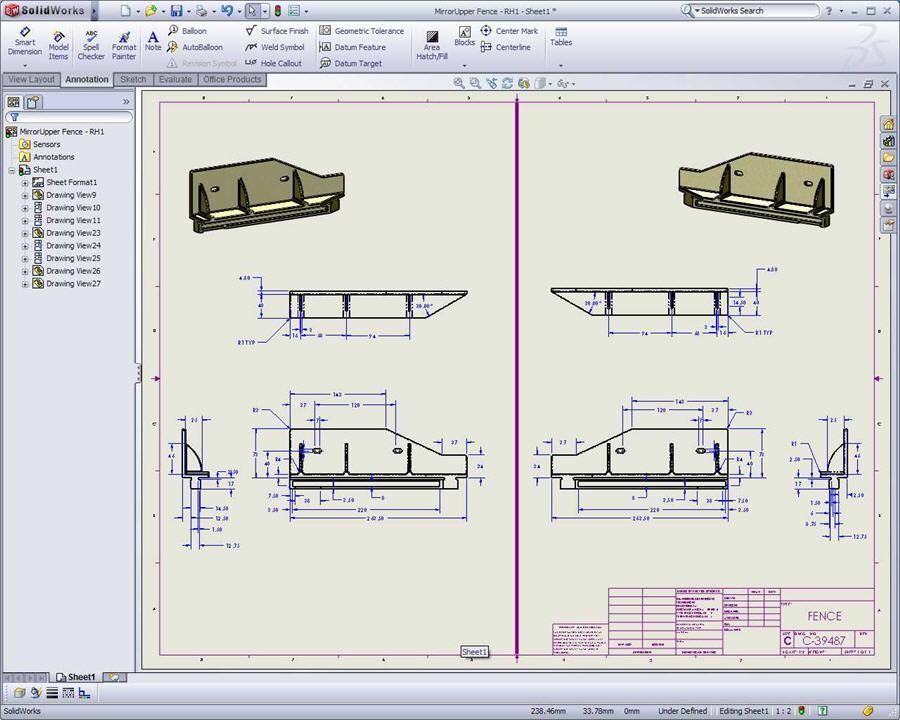 SolidWorks Standard Zrcadlený díl s kótami Při vytvoření zrcadleného nebo odvozeného dílu můžete nyní zobrazit kóty skici a prvku originálního