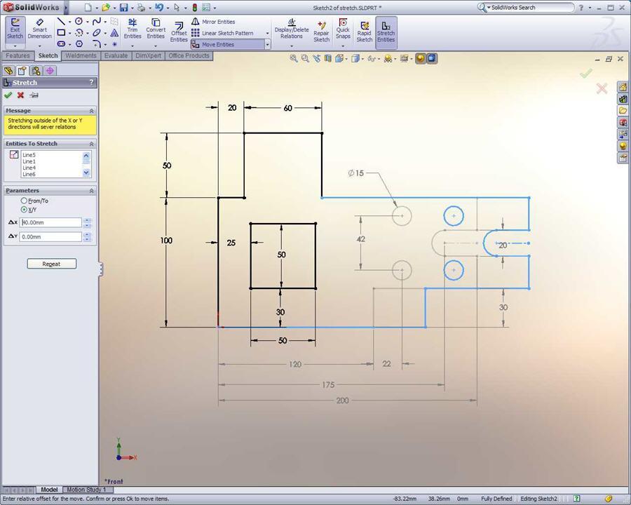 SolidWorks Standard Protažení geometrie skici Ve 2D skice můžete nyní protáhnout vícenásobné entity skici jako jednotlivou skupinu namísto toho, abyste museli upravit každou zvlášť.