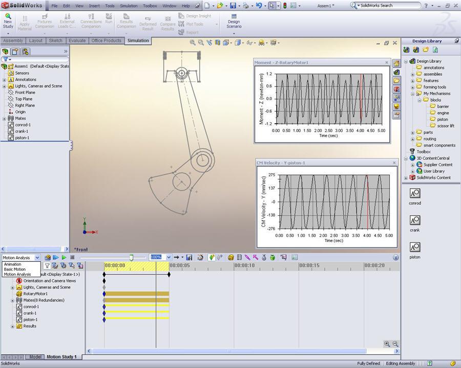 Pohybové studie (Premium) 2D mechanismy ve skicách rozvržení Nyní můžete spustit studie Animace a Analýza pohybu pro mechanismy skici rozvržení, které vytváříte z bloků skic.