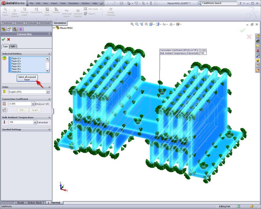 SolidWorks Simulation Výběr jedním klepnutím pro tepelné podmínky Klepněte na jeden ovládací prvek pro výběr všech vystavených ploch dílu nebo sestavy pro použití tepelných zatížení.