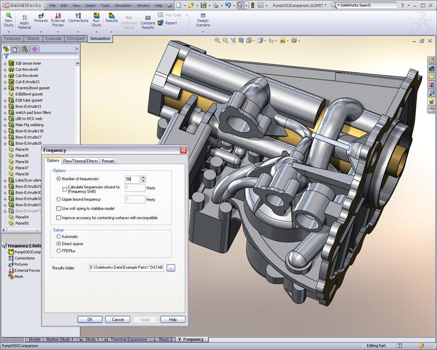 SolidWorks Simulation 64bitová podpora pro frekvenční studie a studie vzpěru Frekvenční studie a studie vzpěru, které jsou náročné na prostředky, využívají nyní rozšířené paměti v 64bitových