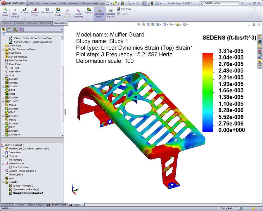 SolidWorks Simulation Hustota energie v lineární dynamice Obrázky hustoty deformační energie byly přidány ke standardním typům obrazů v lineární dynamice.