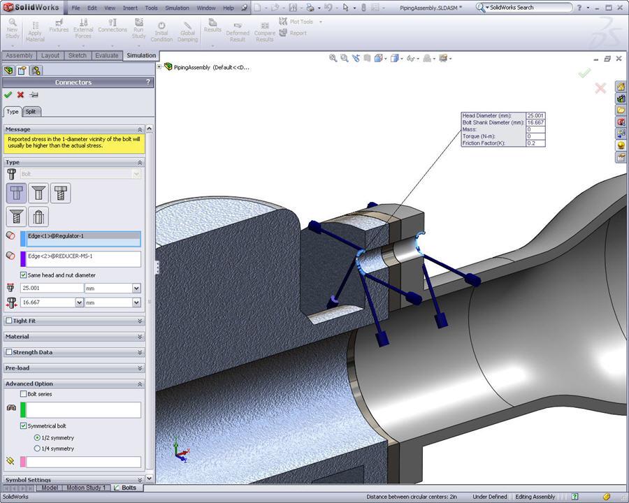 SolidWorks Simulation Symetrické a vícedílné šrouby v nelineárních studiích Nyní můžete definovat šrouby na dírách rozdělených rovinou souměrnosti nebo více než dvěma díly v