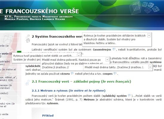 k pochopení základních pojmů francouzské poetiky Náhledy e-learningu Webová učebnice představuje studentům teorii verše v