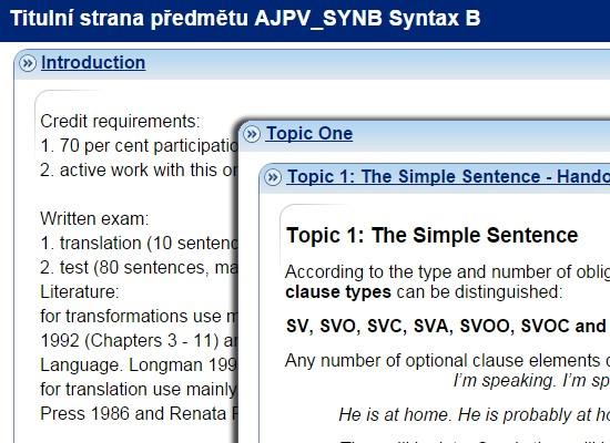 Syntax B doc PhDr Renata Povolná, PhD http://elportalcz/katalog/pdf/ajpv_synb V tomto předmětu byla vytvořena interaktivní osnova, která obsahuje 13 hlavních celků, které jsou dále členěny na další