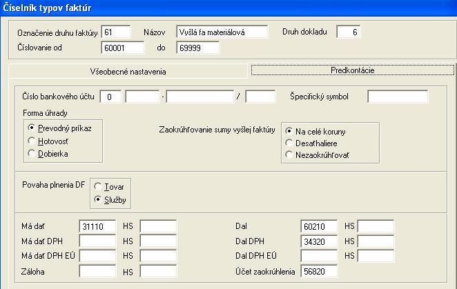 Výstup do účtovníctva prepínač, ktorý určuje, či daný typ faktúry bude prenášaný do účtovného denníka. Úvodný text faktúry umožňuje nadefinovať tri riadky úvodného textu faktúry.