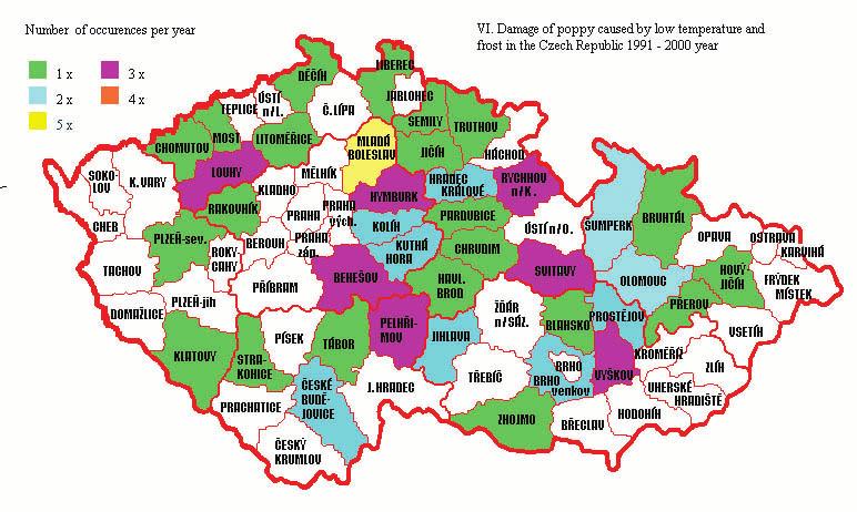 Influence of meteorological factors on and their harmfulness to poppy stands in the Czech Republic 153 5: Number of reports from districts (low temperature and frost influence) 4.