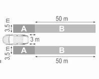 224 Řízení vozidla a jeho provoz Oblasti detekce Čidla systému pokrývají zónu přibližně 3,5 metru rovnoběžně na obou stranách vozidla a přibližně 3 metry dozadu pro upozornění na mrtvý úhel (A) a