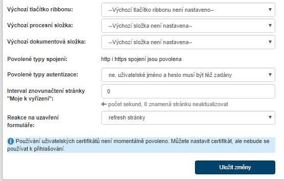 Volba Výchozí tlačítko ribbonu umožňuje zvolit, které z oken FormFlow má být zobrazeno po přihlášení.