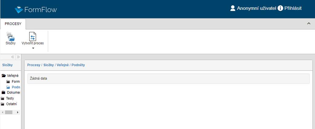 2.2.6 Anonymní uživatel Pokud to administrátor serveru umožní, může s FormFlow pracovat i anonymní, tedy nepřihlášený uživatel.